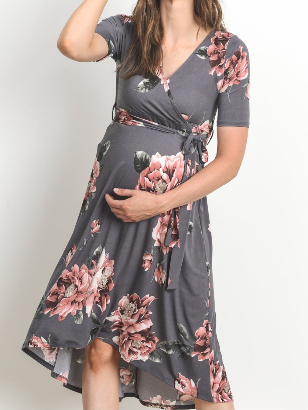 Hello MIZ Dusty Blue Gray Faux Wrap Dress with Pink Floral Print